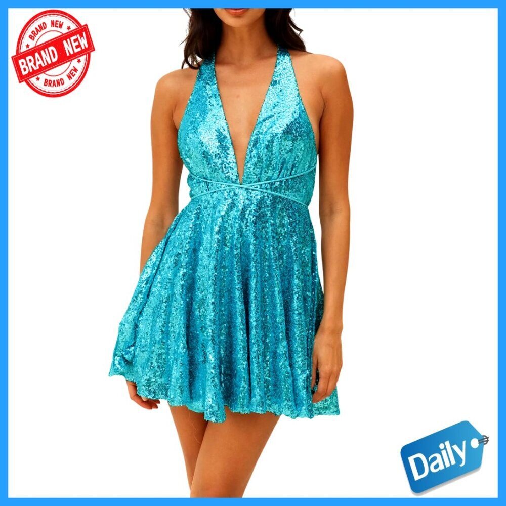 Sequin Spaghetti Strap Deep V Backless Skater Swing Mini Party Dress